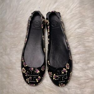 Tory Burch Black and Pink Floral Flats